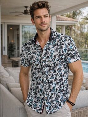 Jermyn & Bond men’s modern fit short-sleeve button-up with a bold floral print